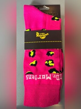 Dr. Martens Bright Hot Pink Leopard Crew Socks with Neon Yellow Accents Sz S/M